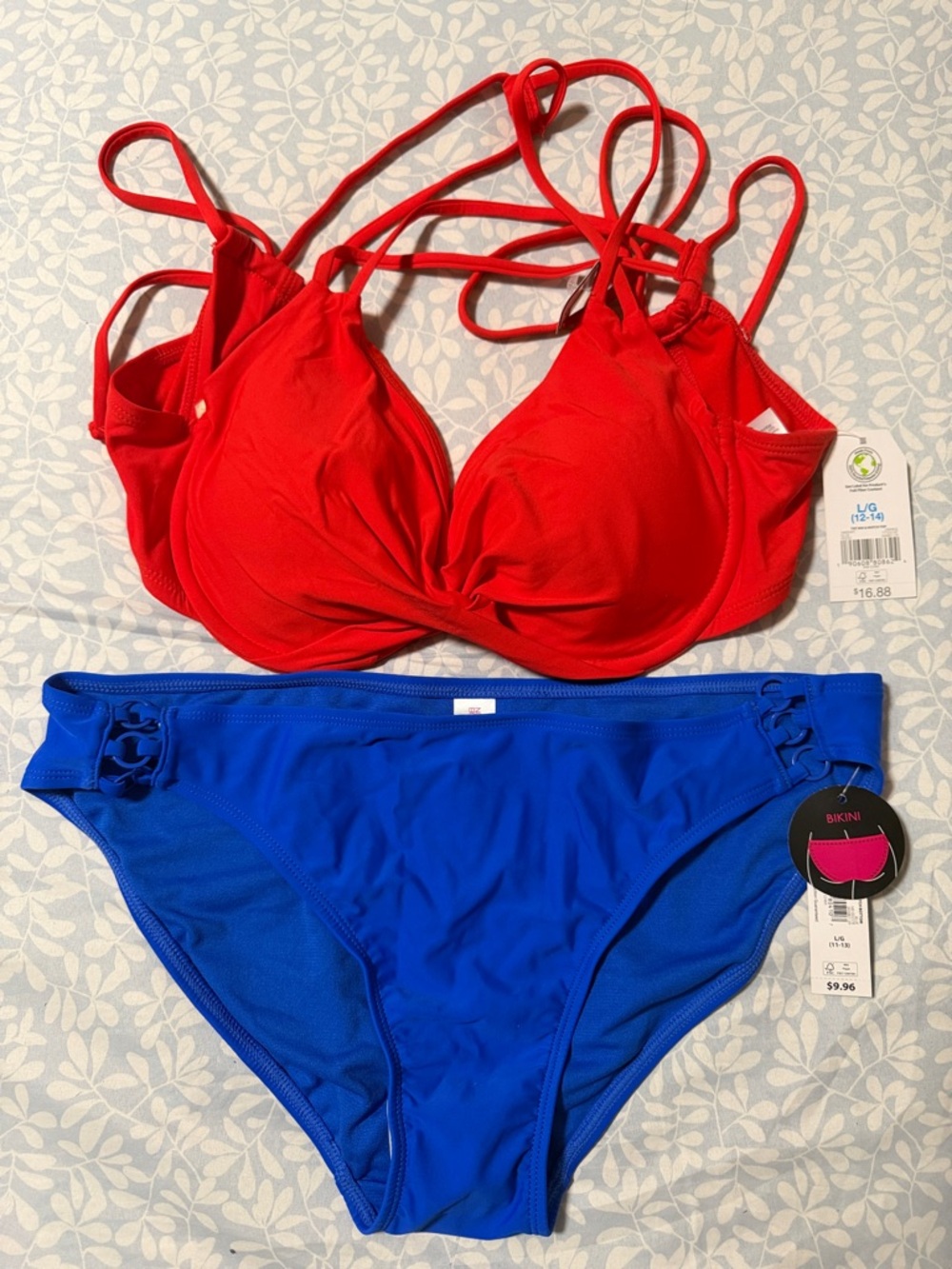 Red Strappy Bikini Top & Royal Blue Bikini Bottoms
